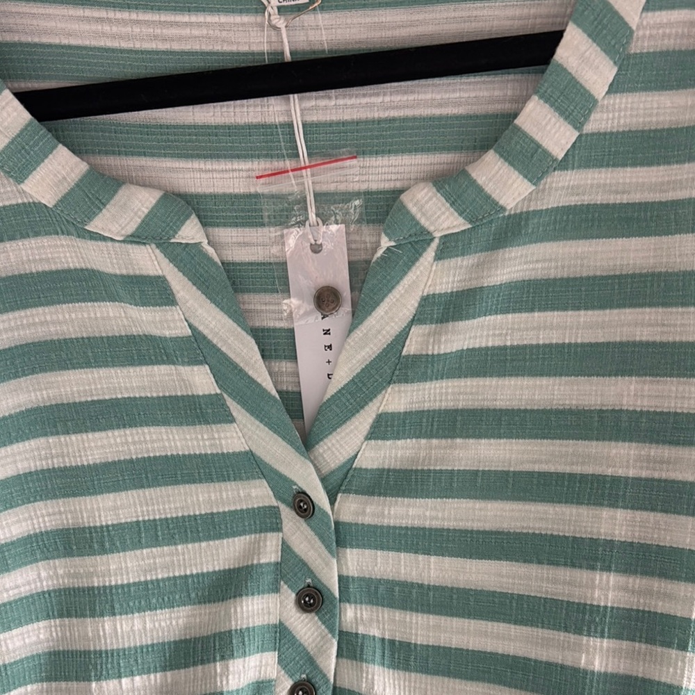 JANE + DELANCEY NWT SZ 2X GREEN/White Striped Tunic ROLL UP SLEEVES BUTTON FRONT - Picture 10 of 11